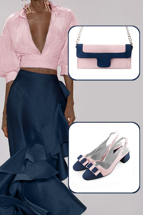 Women's navy blue and light pink elegant slingback heels, with a bow on the front. Round toe. Low flare heels - Worn view